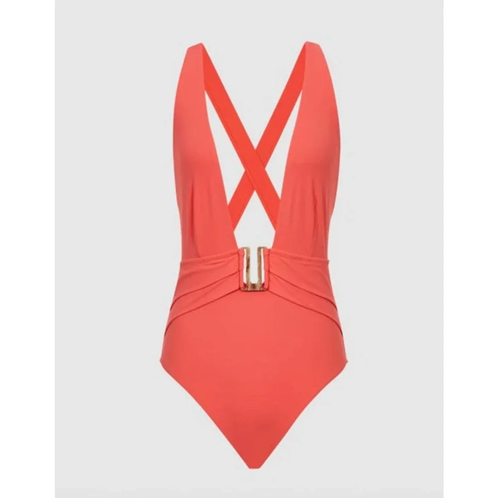 REISS Isabel Plunge Swimsuit Size 12 NEW $140 Coral Pink $140 One Piece